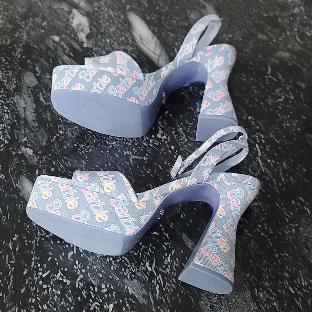 BRAND NEW ALDO BARBIE PARTY PRINTED  DENIM STRAPPY PLATFORM HEELED PLATF… G1 - Picture 10 of 16
